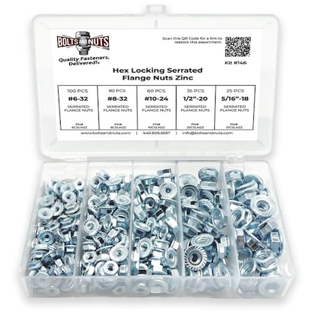 Boltsandnuts.Com #6 #8 #10 1/4in 5/16in Coarse Case Hardened Serrated Hex Flange Nut Assortment - 301 PCS Assortment Kit #146